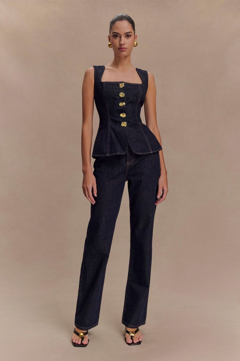 Completo top e pantaloni in denim a vita alta con bottoni, stile moderno, da donna, 2025, 30857_voghion.com