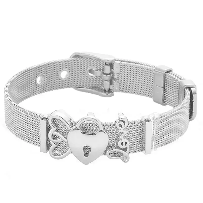 Fashion Stainless Steel For Woman Men Mesh Set Crystal Heart Anchor Charm Fine Bracelet Bangle Female Lover_voghion.com