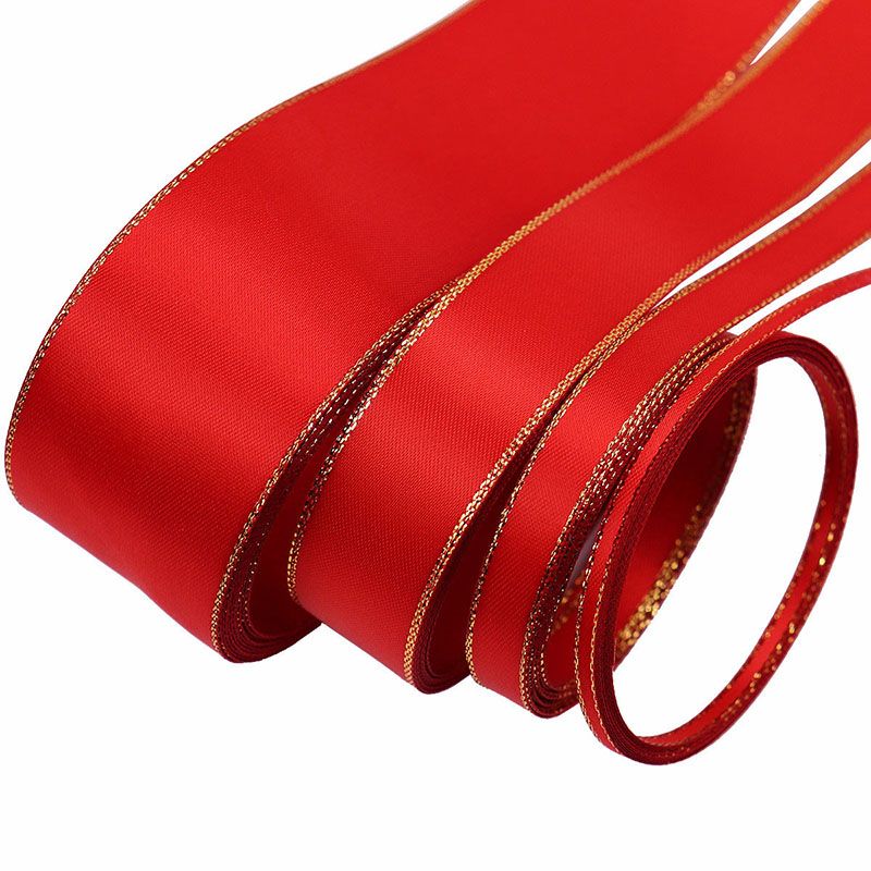 Set de 4 role/pachet de panglici roșii din satin cu margini aurii pentru ambalaj cutii cadou, decorarea părului, fluture DIY_voghion.com