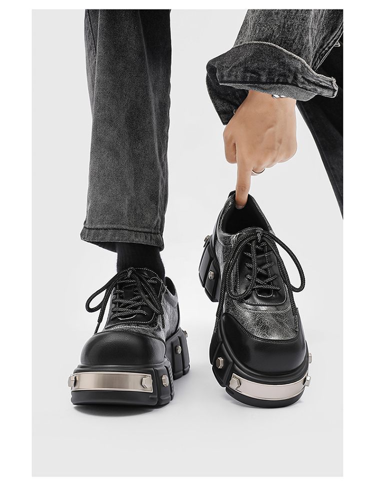 Paris 7 cm dicke Sohle, Erhöhung des großen Kopfes, Derby-Schuhe, dicke Sohle, runder Kopf, kleine Lederschuhe, Metall, Retro-Muffin-Papa-Schuhe_voghion.com