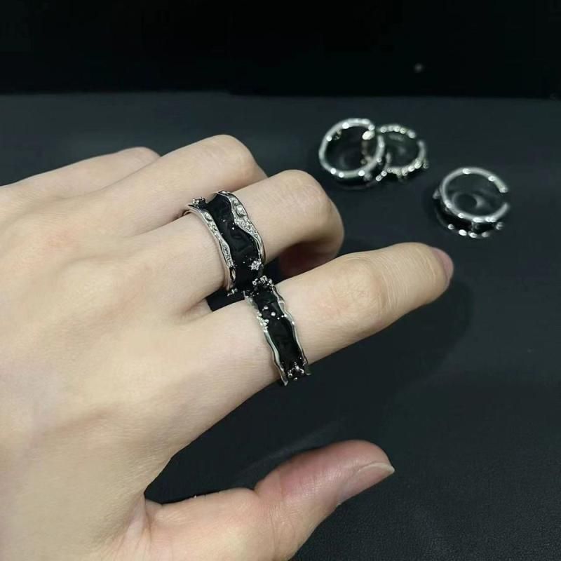 Wang Hedi Same Style For Men Black Rhinestone Trendy Open Adjustable High-end Index Finger Ring_voghion.com