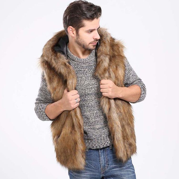 Men's Faux Mink Vest – Slim Fit Short Fur Gilet With Notch Lapel & Side Pockets (S-3XL, Jacquard Brown, Machine Washable)_voghion.com