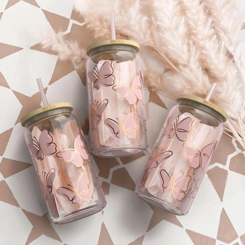 Moderner, minimalistischer Glasbecher mit Bambusdeckel – 16 oz Borosilikat-Schmetterlingsdesign, auslaufsicher und umweltfreundlich (Eiskaffee/Tee/Schaumgetränk)_voghion.com