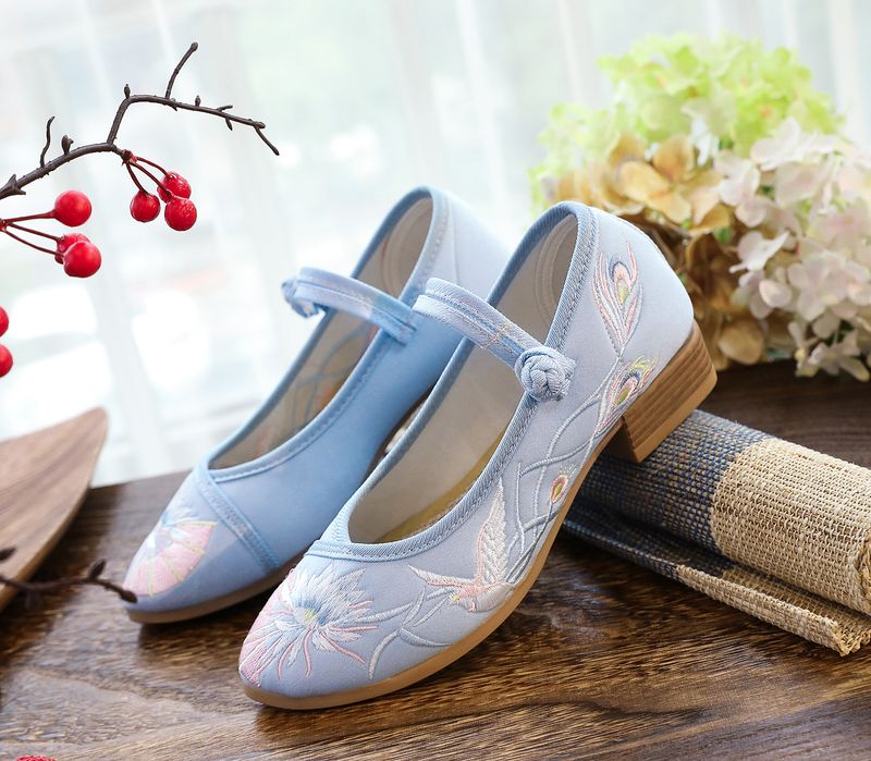 Holzsohle Quadratisch gemustert Besticktes Tuch Damen Flachmund Tanzschuhe Modische Spitzschuh_voghion.com