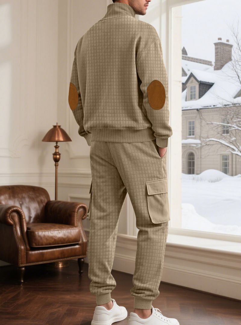 Conjunto de sudadera con capucha y joggers de punto a cuadros para hombre: 2 piezas, estilo informal de negocios, 100 % poliéster, resistente a las arrugas y transpirable._voghion.com