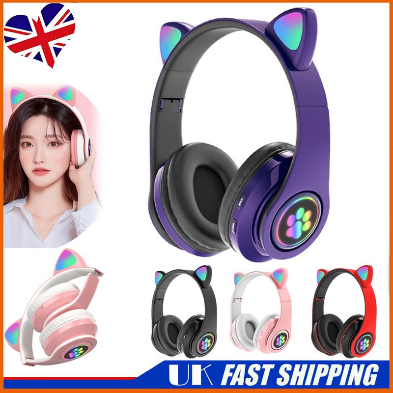 Erwachsene Kinder Kopfhörer Wireless Bluetooth Headset LED Lichter Katze Ohr Kopfhörer_voghion.com