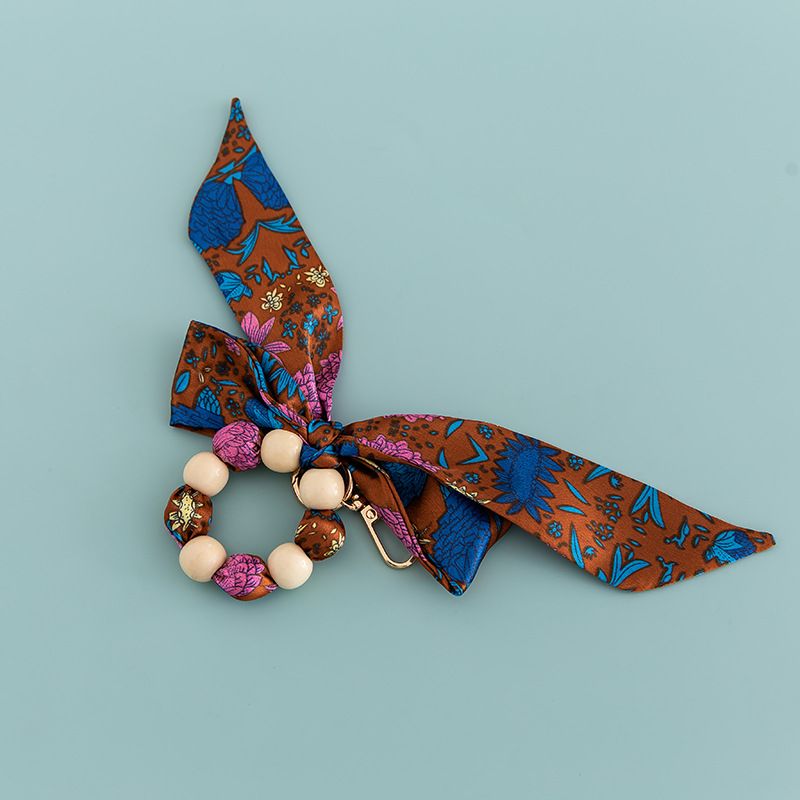Creative Silk Scarf Bowknot Beaded Wooden Bead Keychain Couple Bag Decoration Accessories B346_voghion.com