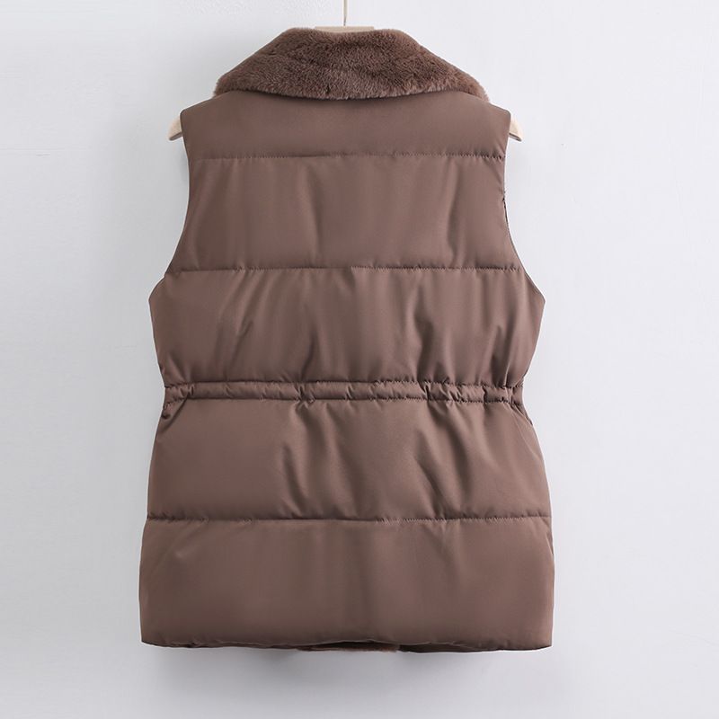 Gesteppte Damenweste mit Kunstpelzkragen – Lange Pufferjacke ohne Ärmel für Herbst und Frühling, warme Polyesterfüllung, vielseitige Unifarben_voghion.com