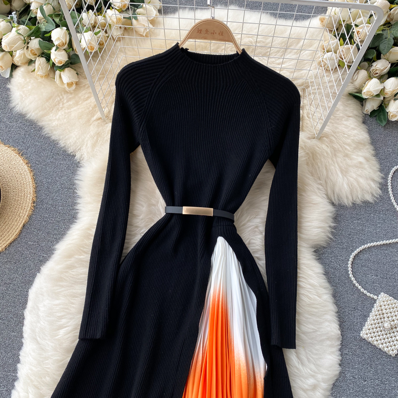 Abito da donna elegante in maglia con cuciture sfumate di colore pieghettato in vita sottile ampio abito altalena da donna nuovo abbigliamento autunnale_voghion.com