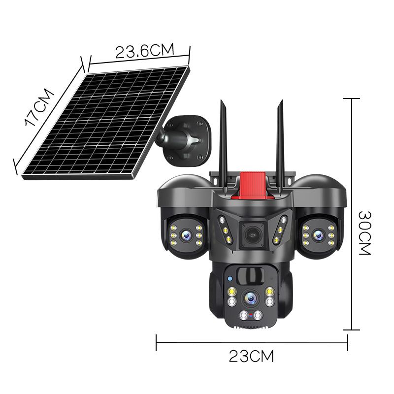 Telecamera solare wireless WiFi con tre lenti e tre schermi, scheda SIM 4G, telecamera solare con rilevamento umano, sorveglianza solare esterna V380 PRO_voghion.com