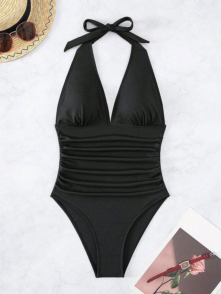 Maillot de bain une pièce sexy à col en V pour femme, couleur unie, pour la plage et les sources chaudes_voghion.com