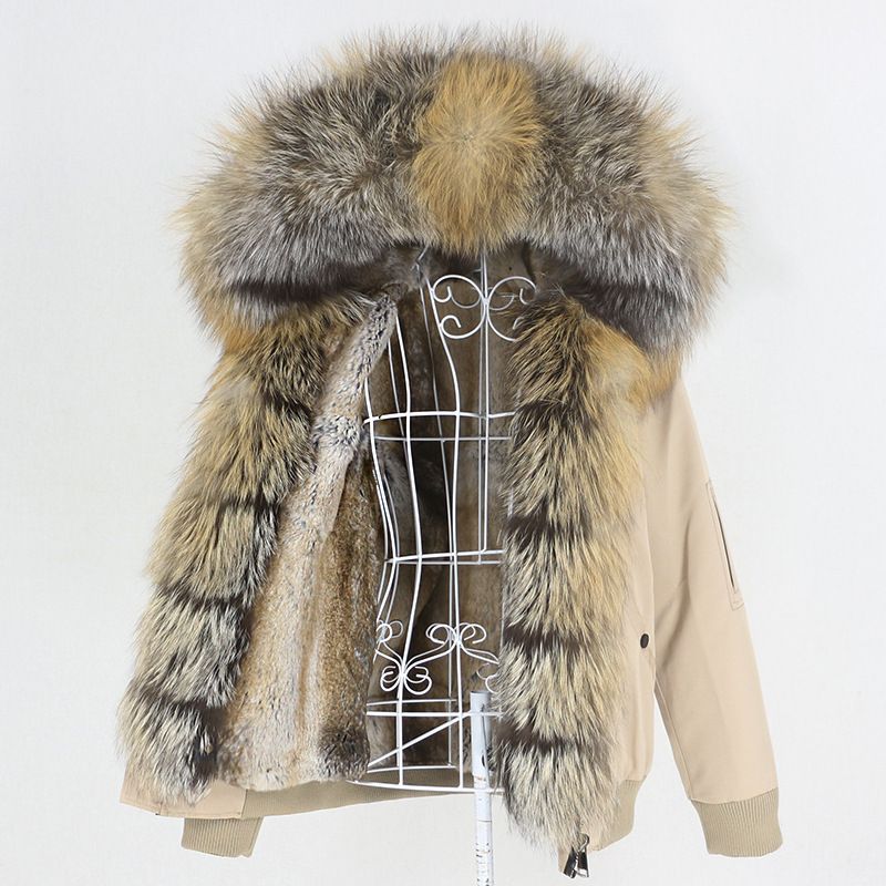 Damenbekleidung Parka im neuen Stil mit dickem Kaninchenfellfutter, abnehmbarem echtem Fuchspelz, großer Pelzkragenjacke, Pelzmantel_voghion.com