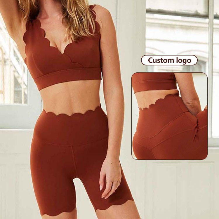 Shell Petal Edge Yoga Wear mit Brustpolster, V-Ausschnitt, Sportweste, Shorts, Lauftrainings-Set für Damen_voghion.com