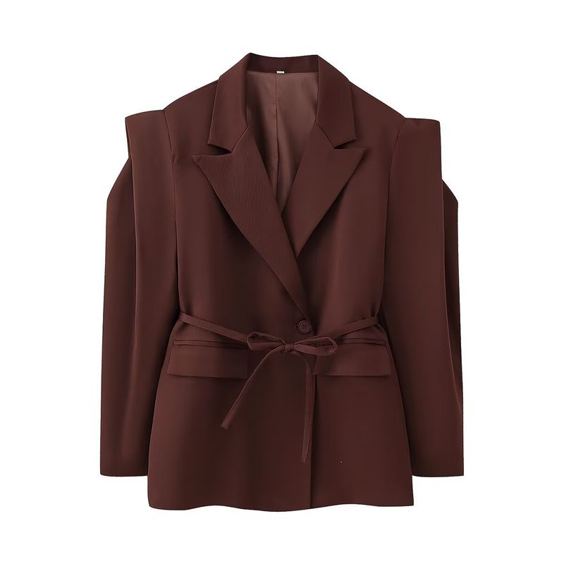 "Elegant Inspired Belted Blazer With Wide Shoulder Pads Stylish Ties Oversized Fit, Long Sleeve, Versatile Streetwear For Women (S/M/L, )_voghion.com
