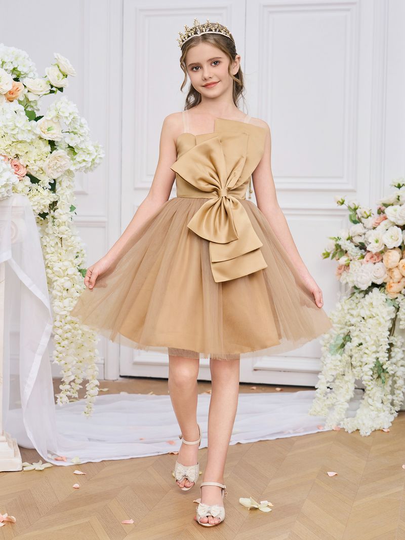 Mutter & Kinder Mädchen Kleid Mesh Tüllrock Abendkleid Große Schleife Kleines Host Kleid Blumenmädchen Hochzeitskleid Prinzessinnenkleid_voghion.com