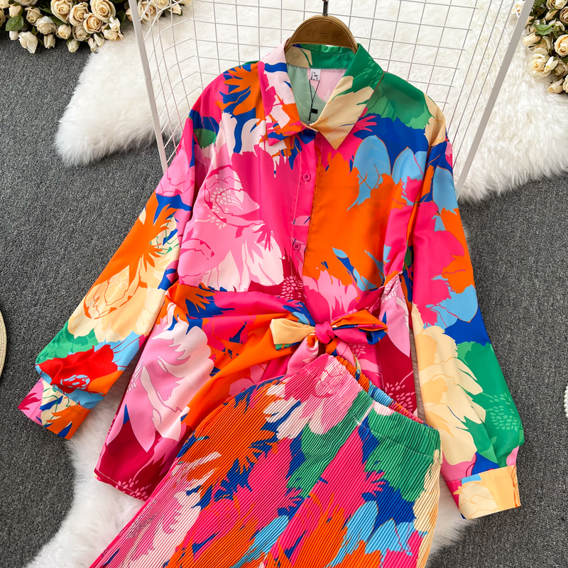 Modesæt til kvinder afslappet løs langærmet enkeltradet skjorte i to dele sæt højtaljede slankende tie-dye printede brede ben bukser_voghion.com