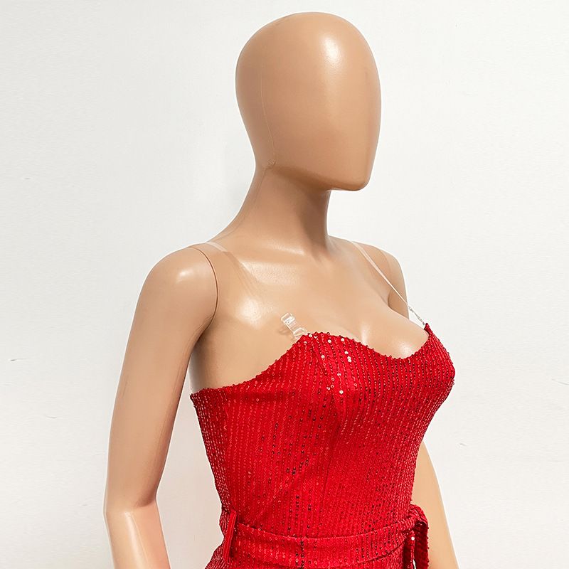 Dametøj Ærmeløs pailletterbæltejumpsuit ensfarvet tubetop rygløs jumpsuit_voghion.com
