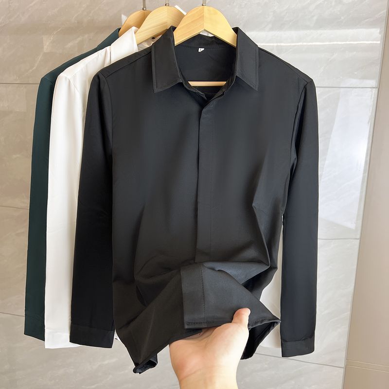 Men's Stylish Hidden Button Black Shirt - Slim Fit Lightweight Long Sleeve Casual Shirt With Smooth Drape Fabric_voghion.com