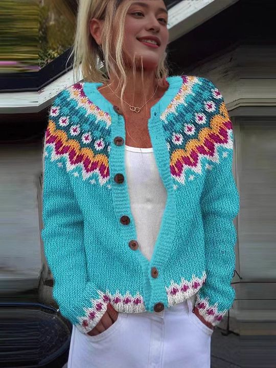 Cardigan etnico in maglia jacquard | Maglione pullover boho (S-5XL, oltre 30 colori)_voghion.com