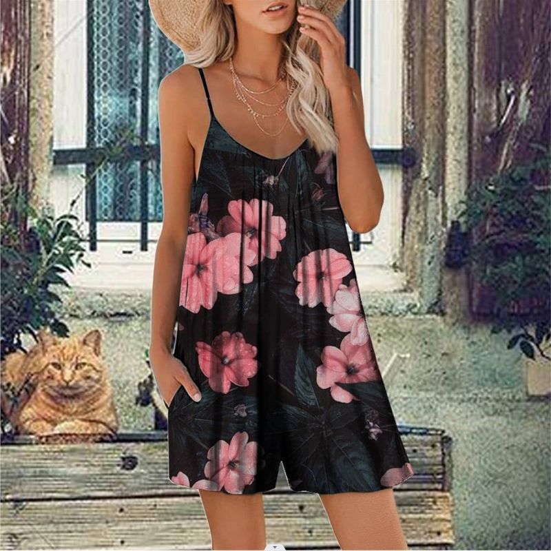 Stylowy damski kombinezon z krótkim rękawem – letni kombinezon bez rękawów z kwiatowym nadrukiem i kieszeniami bocznymi, luźny krój, wygodna, elastyczna tkanina (S-5XL)_voghion.com