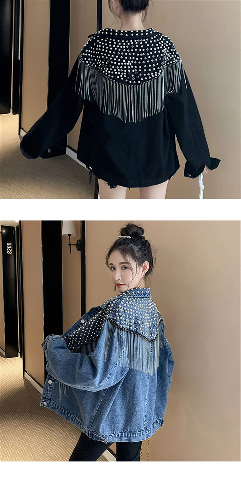 Chaqueta vaquera con remaches tachonados a mano para mujer, abrigo corto con borlas, chaqueta vaquera a la moda, abrigos negros Rock, novedad de primavera y otoño de 2023_voghion.com