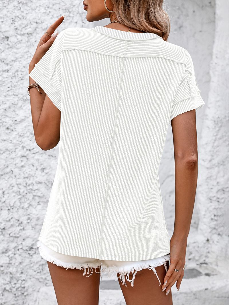 T-shirt da donna a maniche corte con scollo rotondo e vestibilità ampia, con motivo a righe intrecciate e cuciture a vista - Tessuto in maglia di misto cotone traspirante per abbigliamento casual da strada_voghion.com
