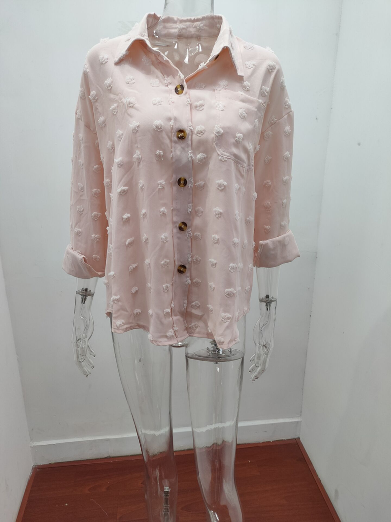 Dameklær Ensfarget chiffon-skjorte med jacquard-polokrage og lange ermer og løse knapper i cardigan-topp_voghion.com