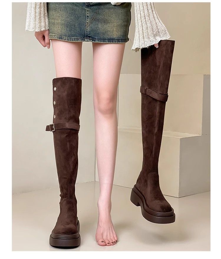 Stivali da equitazione lunghi sopra il ginocchio, alla moda, con tacco grosso, suola spessa e pieghe a due vie, stile western, autunno inverno_voghion.com