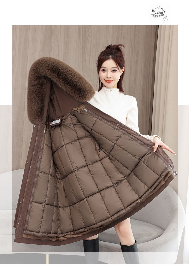 Women's Parka Coat With Detachable Faux Fur Hood, Mid-Length Winter Jacket For Ladies, Warm Quilted Polyester Outerwear With Rabbit Fur Trim_voghion.com