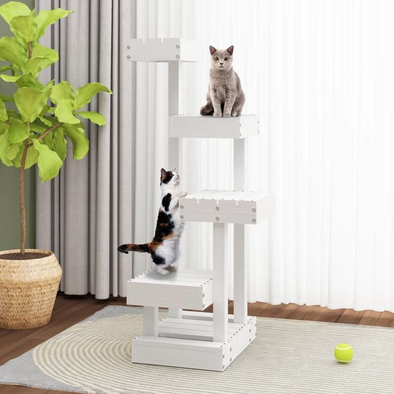 Cat Tree White 17.9"x19.3"x40.6" Solid Wood Pine_voghion.com