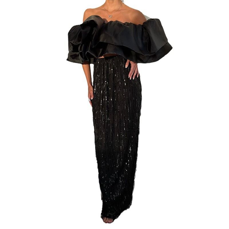 Gonna midi elegante con frange e paillettes per donna - Abito da sera scintillante a trapezio con perline scintillanti, perfetto per eventi serali e speciali_voghion.com