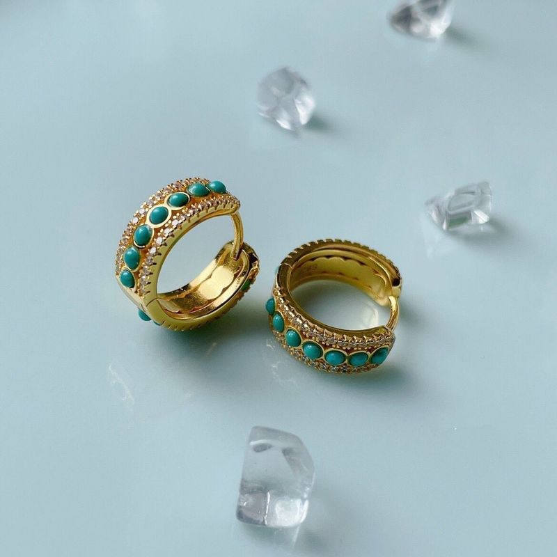Orecchini pendenti a clip in argento sterling con intarsi in oro antico, turchese e diamanti, piccoli cerchi rossi del sud, design nuovo_voghion.com