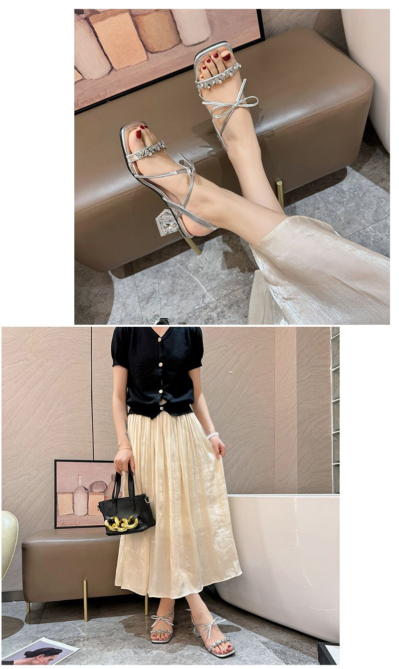 Sandali con tacco spesso e strass, stile fata con testa quadrata, stile 2025, con fiocco, da donna, estivi, con cinturino dritto,_voghion.com