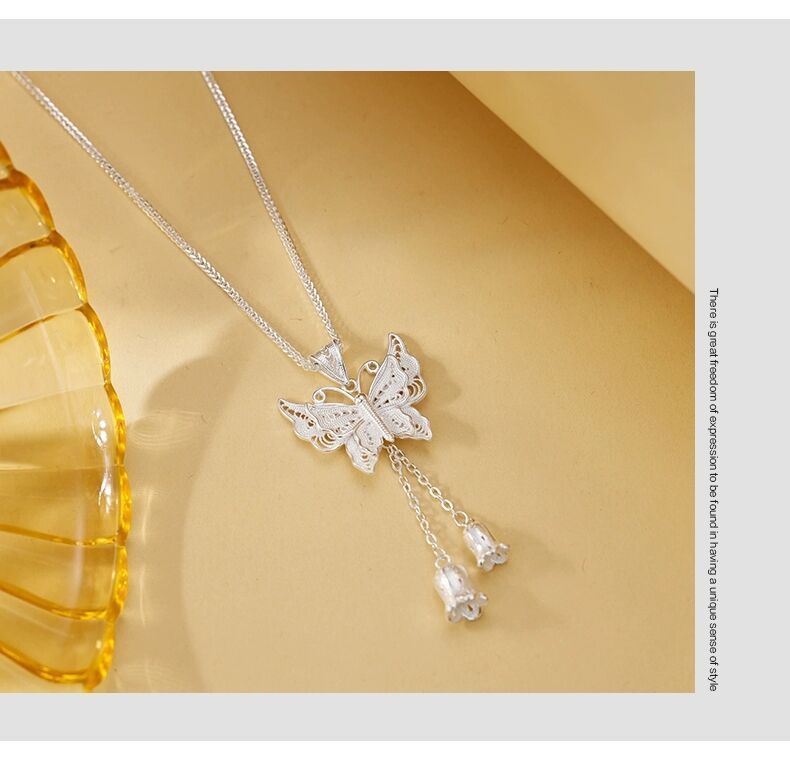 Sterling Silver Butterfly Lily Of The Valley Necklace For Women, Niche High-end Light Luxury Exquisite Collarbone Chain,_voghion.com