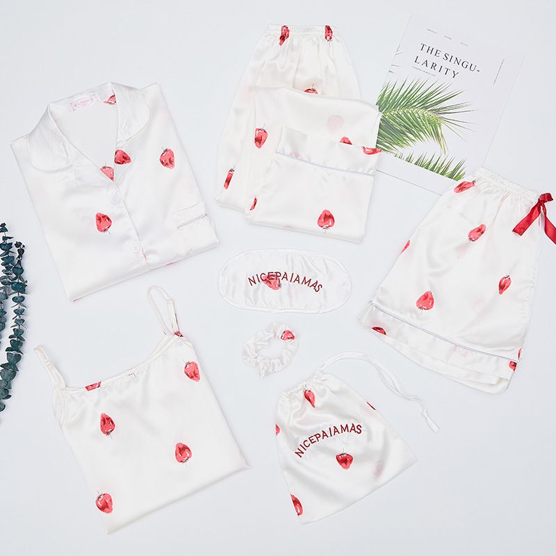 Women's Sleepwears Spring And Autumn Summer Solid Color Simulation Ice Silk Seven Piece Suit Pajamas Ladies Casual Sweet Sling Chest Pad Home Clothes_voghion.com