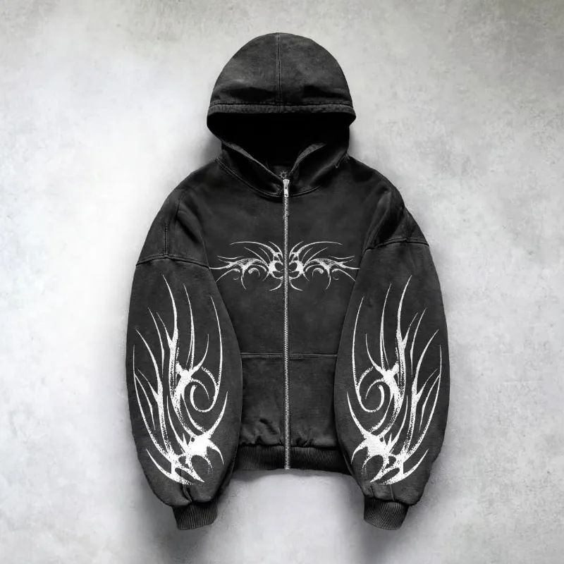 Moletom com capuz masculino forrado de lã - Pulôver grande com estampa, estilo streetwear (preto/cinza, P-XXXG)_voghion.com