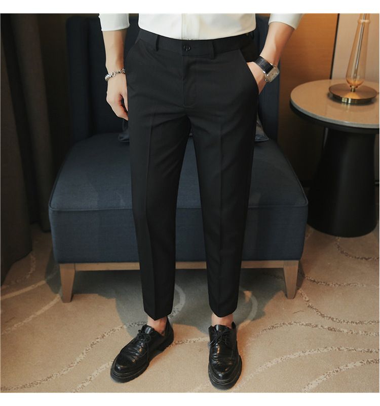 Nova versão coreana calças casuais masculinas verão nove pontos calças cor sólida calças casuais ajuste de cintura calças de qualidade slim-fit_voghion.com