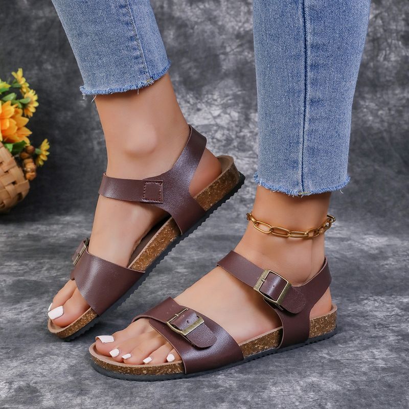 Hebilla de suela de corcho de tacón plano de verano para mujeres que usan zapatos de playa casuales, sandalias de punta abierta con doble botón_voghion.com