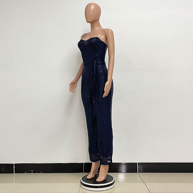 Dametøj Ærmeløs pailletterbæltejumpsuit ensfarvet tubetop rygløs jumpsuit_voghion.com