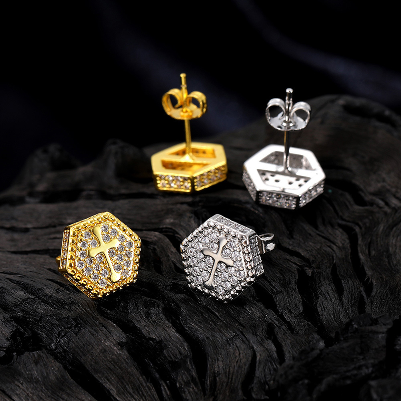 Hot Selling Popular Cross Zircon for Men's Hexagonal Gold Plated Full Diamond Hip Hop Earrings_voghion.com