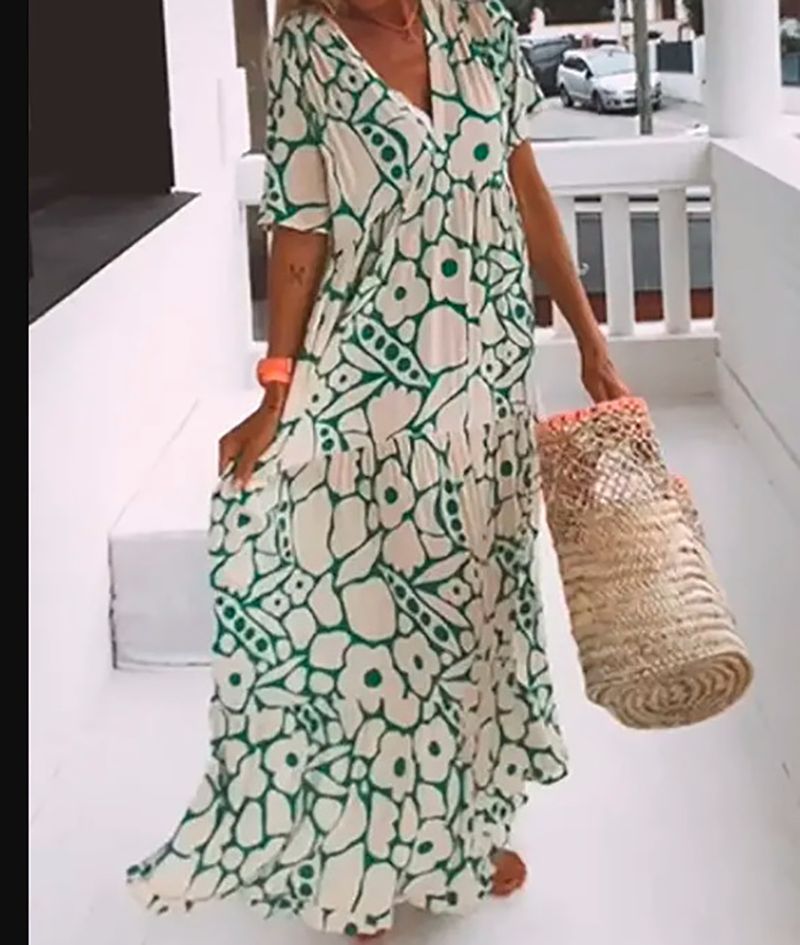 Sommer 2024 Neues bedrucktes, kurzärmeliges, langes Kleid mit V-Ausschnitt für Damen_voghion.com