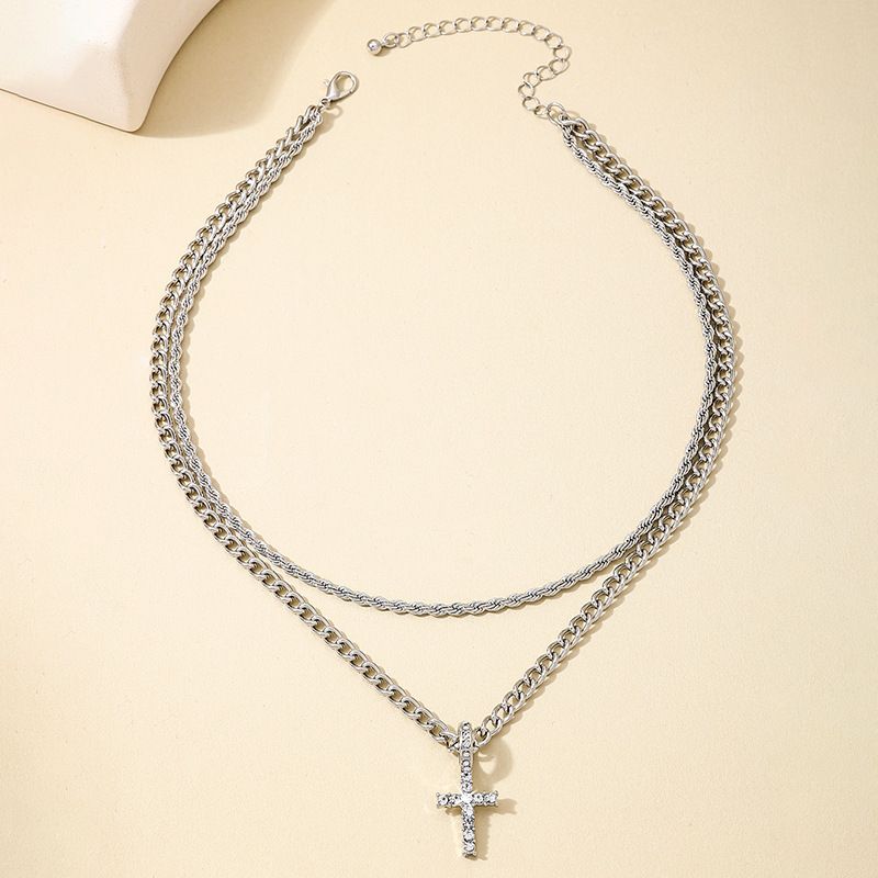 Pezzo 1 Collana da donna con croce a doppio strato in stile cubano per banchetto, stile alla moda, per festa di fine anno_voghion.com