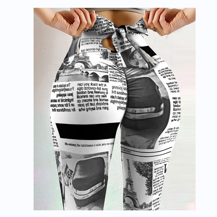 Pantaloni da yoga da yoga da donna con stampa multicolore antirughe sull'anca, dimagranti a vita alta, con fiocco elasticizzato_voghion.com