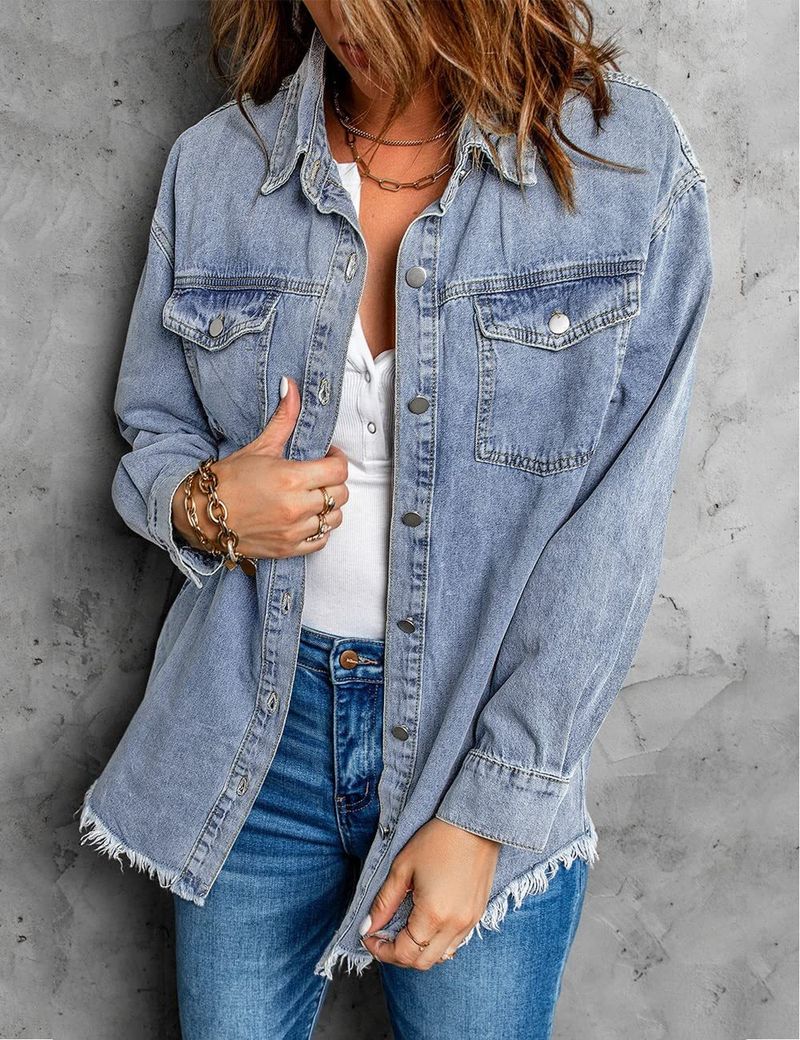 Damenbekleidung Übergroße Jeansjacke Lässiges langärmeliges Jeanshemd Distressed-Jeansjacke_voghion.com