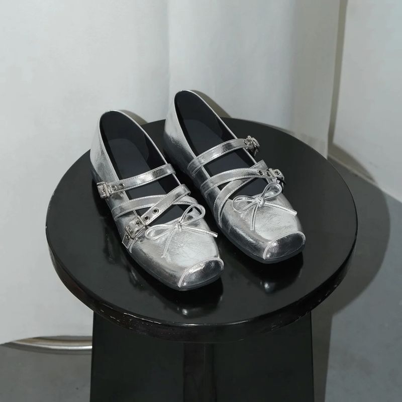 Korean Style Bowknot Square Toe Shallow Ballet For Women 2025 Summer New One-Strap Mary Jane Shoes_voghion.com
