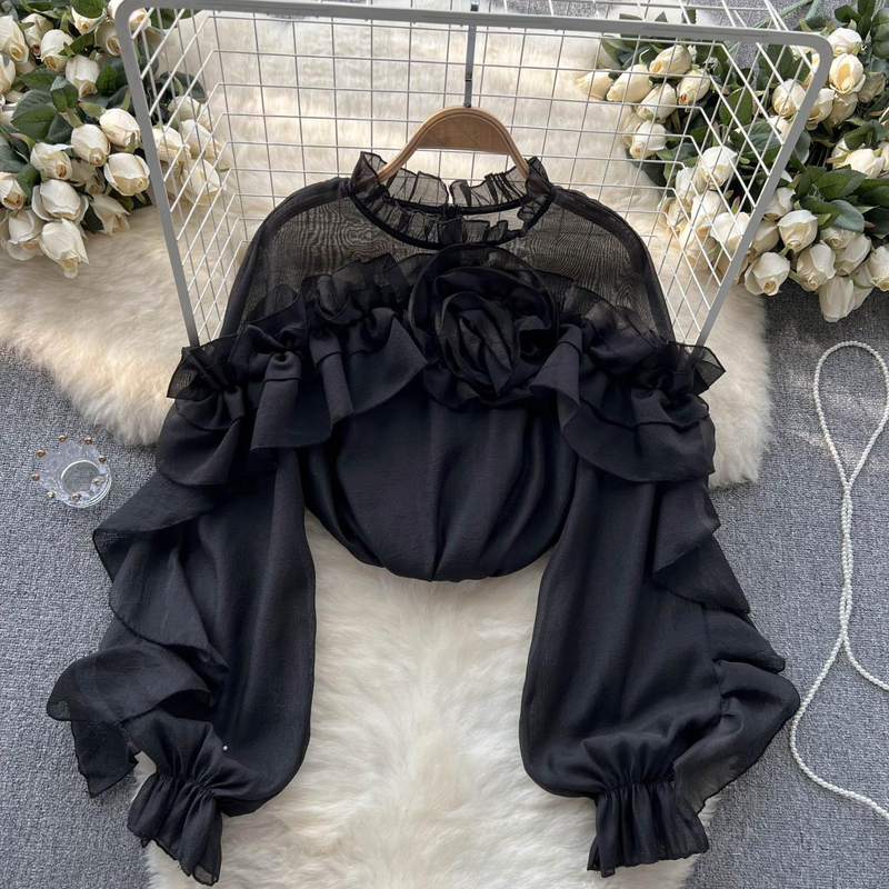 Women's Clothing Designed irregular ruffled mesh shirt for women in spring and autumn pullover pleated niche slim and chic top trendy_voghion.com