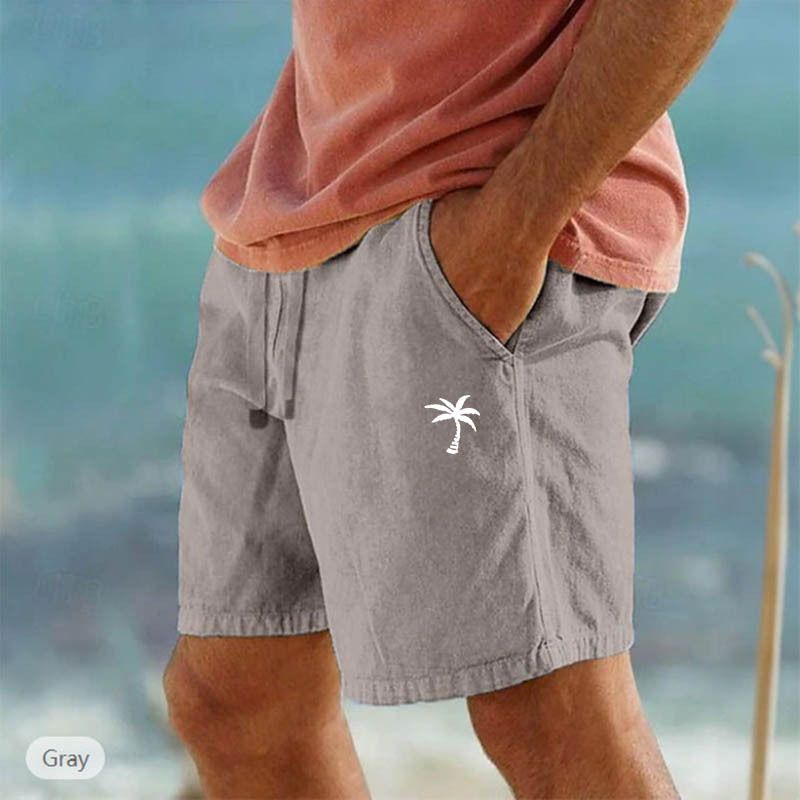 Pantaloncini in cotone e lino con stampa cocco, coulisse, elastico in vita, tinta unita, traspiranti, pantaloni casual da spiaggia a cinque punti_voghion.com