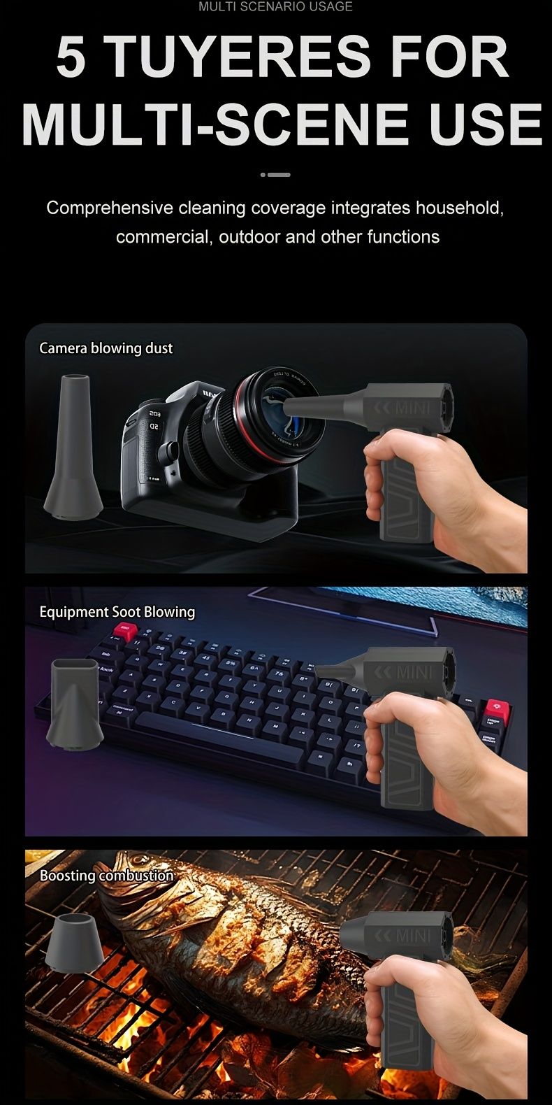 Soffiatore per polvere senza spazzole ad alta velocità da 130.000 giri/min, ricarica rapida USB-C, 5 ugelli per la pulizia di auto/casa/PC_voghion.com