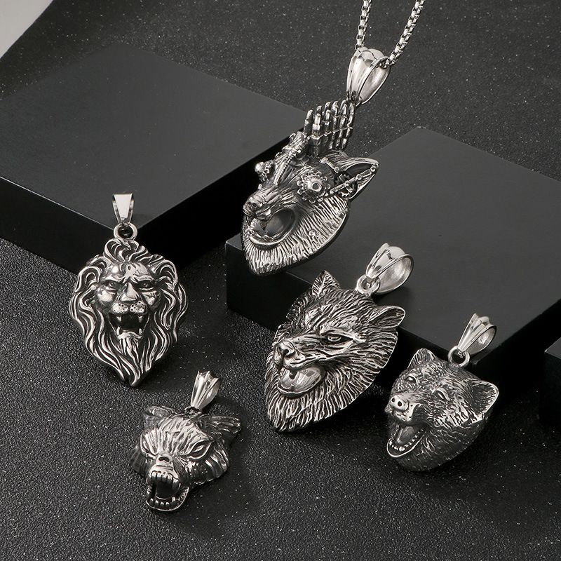 Collana antica a forma di animale da uomo, stile punk, con ciondolo a forma di testa di leone, testa di lupo, volpe, acciaio al titanio_voghion.com