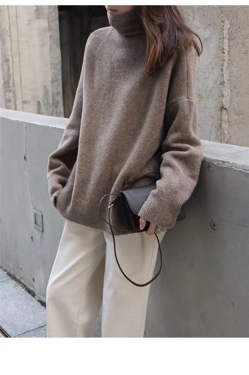 Women's High Neck Sweater Soft Cashmere Blend Knit Pullover Oversized Casual Turtleneck Top In 9 Colors (White, Black, Wine Red, Mocha, Etc.)_voghion.com